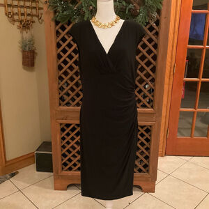 Lauren Ralph Lauren black stretch jersey faux wrap sheath dress cap sleeves side